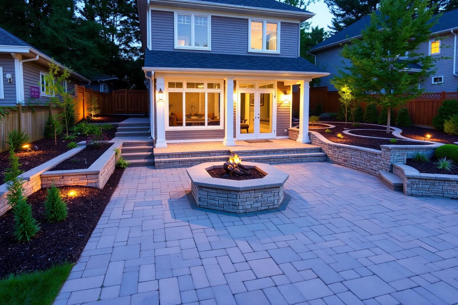 Interlock paver patio with fire feature completed in Kleinburg, Ontario