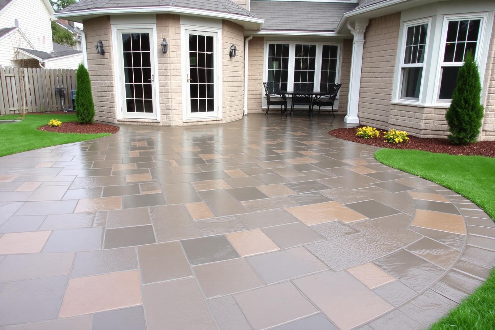Stamped concrete patio with slate pattern in Richmond Hill, Ontario